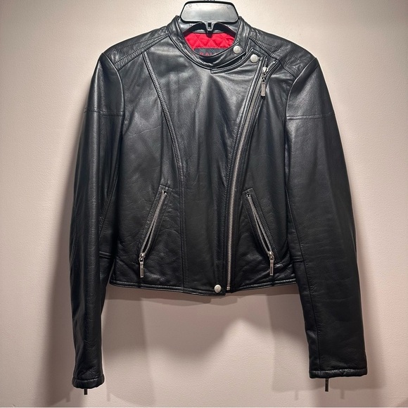 RALPH Ralph Lauren Genuine Leather Black Moto Jacket Quilted Red Lining Medium - Picture 2 of 16